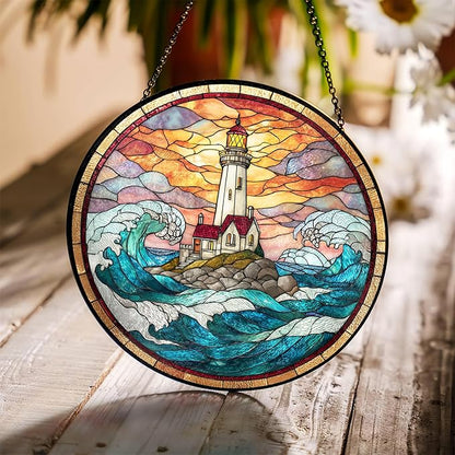 7.8" Lighthouse Suncatcher Stained Glass Window Hanging Ocean Light House Sun Catchers Blue Coastal Ornaments Wall Art Home Garden Room Door Decor Birthday for Women Men