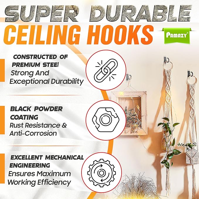 [UPGRADED] 2Pcs 200LBS Rotatable Ceiling Hooks with 4 Screw Points Base, Wall Mount Metal Hanger Black Ceiling Hook for Hanging Plant, Bird Feeder, Lights, Bed Canopy, Wind Chime, Indoor Outdoor Decor