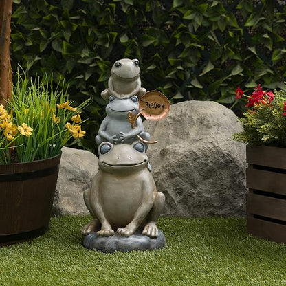 Alpine Corporation 18" Tall Outdoor Stacked Frogs Statue Holding Blessed Flower, Weatherproof Garden Decor, Gray