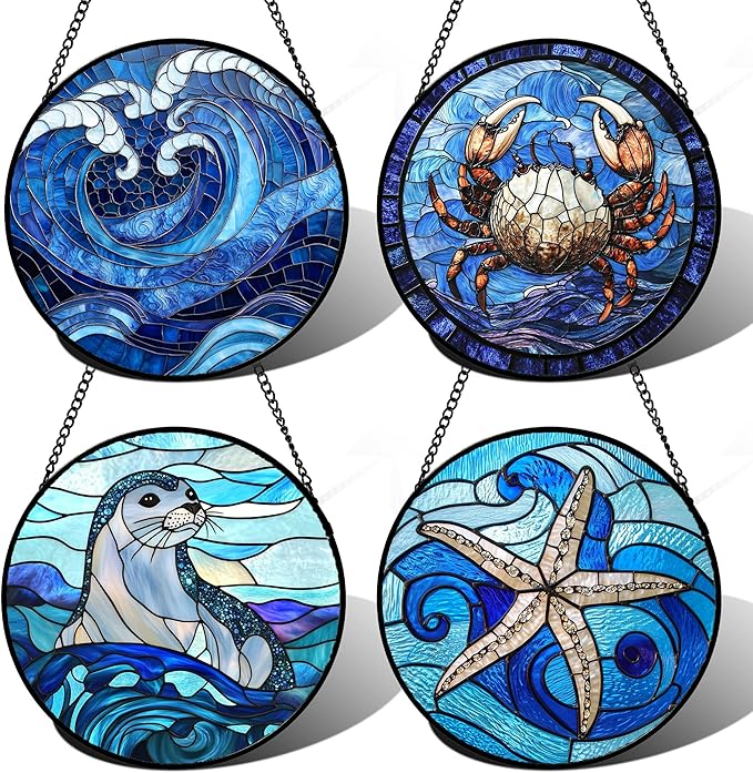 DASTOLL Stained Glass Window Hanging 4 Pcs Set Blue Ocean Waves 9.8" - Starfish Crab Seal Suncatcher Door Garden Sun Catcher Decor Birthday for Mom Woman Nana Men Friend