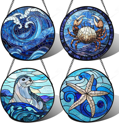 DASTOLL Stained Glass Window Hanging 4 Pcs Set Blue Ocean Waves 6.3" - Starfish Crab Seal Suncatcher Door Garden Sun Catcher Decor Birthday for Mom Woman Nana Men Friend