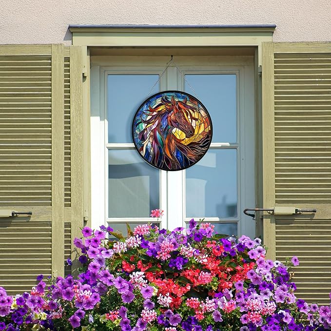 Stained Glass Window Hanging - Horse Suncatcher for Window Doors Home Decoration and Christmas, Mother's Day Father's Day Birthday Gifts for Women, Men, and Mom 11.8x11.8 in