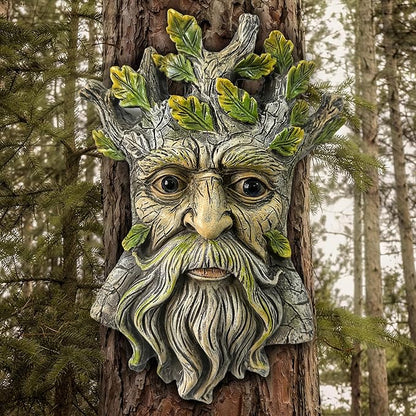 Teaeeno Whimsical Tree Face Garden Decoration, 9.8 in Tree Faces Decor Outdoor Wallmounted Statue Art with Leaf Features, Outdoor Decor Garden Accessory (Nature and Outdoors)