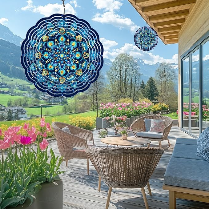 Wind Spinners Outdoor, Hanging Wind Spinner for Garden Decoration, 8 inch 3D Stainless Steel Metal Wind Sculpture for Indoor/Outdoor Decor, Mandala Blue