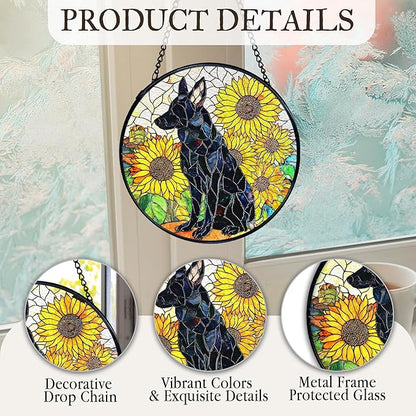 kdqua German Shepherd Sunflower Suncatcher Stained Glass Window Hanging, German Shepherd Gifts Sun Catchers Indoor Window Glass Round Wall Decor, Dog Wall Art Hanging Decorations Statues, 7.9x7.9in