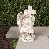 Alpine Corporation KGD574SLR Solar Angel Holding Cross Statue with LED Lights, Sentimental Decor for Garden, 14" H, White