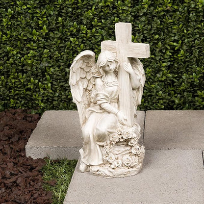 Alpine Corporation KGD574SLR Solar Angel Holding Cross Statue with LED Lights, Sentimental Decor for Garden, 14" H, White