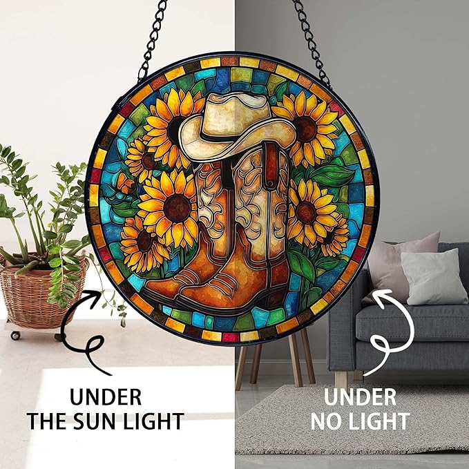 TNUW Western Sunflower Stained Glass Window Hanging, Country Western Cowboy Cowgirl Boots Suncatchers Indoor Window Glass Round Wall Art Decor, Southwestern Wall Hanging Decorations, 7.9＂x7.9＂