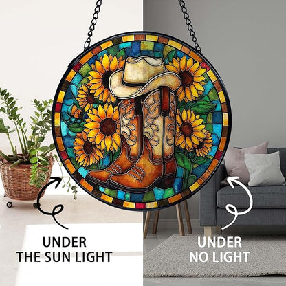 TNUW Western Sunflower Stained Glass Window Hanging, Country Western Cowboy Cowgirl Boots Suncatchers Indoor Window Glass Round Wall Art Decor, Southwestern Wall Hanging Decorations, 7.9＂x7.9＂