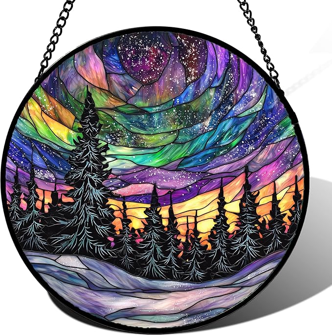 DASTOLL Stained Glass Window Hanging, Van Gogh Night Scene Sun Catchers Colorful Glass Panel Starry Sky Suncatcher Decor for Birthday for Women, Men, Wife, Aunt, and Mom 14.9x14.9 in