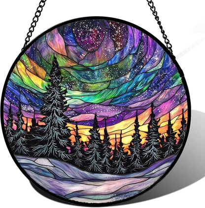 DASTOLL Stained Glass Window Hanging, Van Gogh Night Scene Sun Catchers Colorful Glass Panel Starry Sky Suncatcher Decor for Birthday for Women, Men, Wife, Aunt, and Mom 14.9x14.9 in