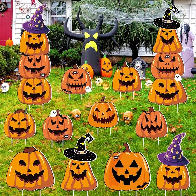 Amyhill 12 Pcs Halloween Pumpkin Yard Signs for Outdoor Spooky Ghost Jack O 16 Pcs Pumpkin with Witch Hats Lawn Stakes Trick or Treat Yard Decorations for Halloween Garden Stack Prop Home Party Decor