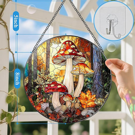 8-Inch Mushroom Suncatcher Ornament: Stained Glass Window Hanging & Decor, Sun Catchers Indoor Window — Gifts for Christmas & Holidays, Ideal Gifts for Nature and Mushroom Lovers, Gift Idea