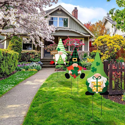 LEIFIDE 3 Pcs St. Patrick's Day Garden Decor for Outside, Metal Green Gnome Stakes, Saint Patricks Day Decorative Welcome Signs Stakes with Shamrocks for Outside Outdoor Irish Yard Lawn Backyard Porch
