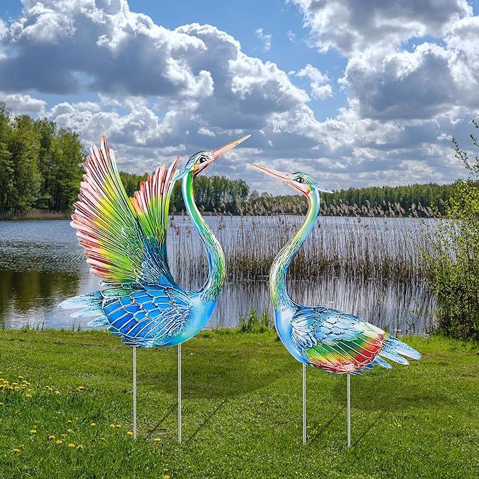 Suzile 2 Pack Garden Crane Statues Outdoor Heron Garden Animal Sculpture Metal Large Birds Lawn Sculptures and Statues for Patio Pond Patio Porch Outside Decorations