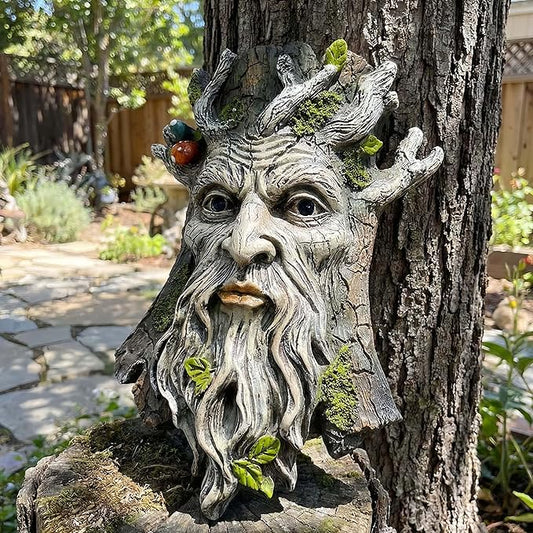 10" Whimsical Tree Face Sculpture, Garden Peeker Statue, Outdoor Trunk Tree Huggers Art, Landscape Accent Ornament, Hanging Fairy Elve Figurine for Yard Art, Trees Decor Wall Mounted Statues