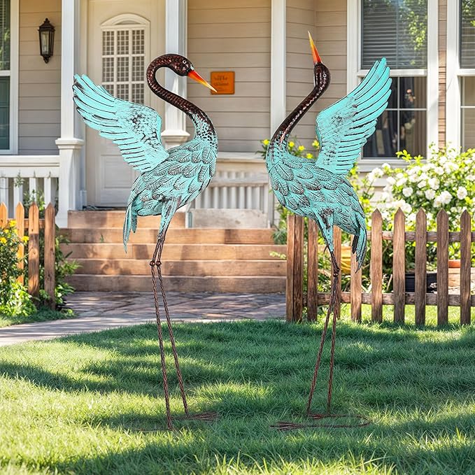Extra-Large 47.5" Blue Heron Decor, Handcrafted Metal Crane Statue with Stable U-Ground Stakes, Backyard Decoration, Metal Garden Bird Animal Yard Art, Lawn Ornament Decor