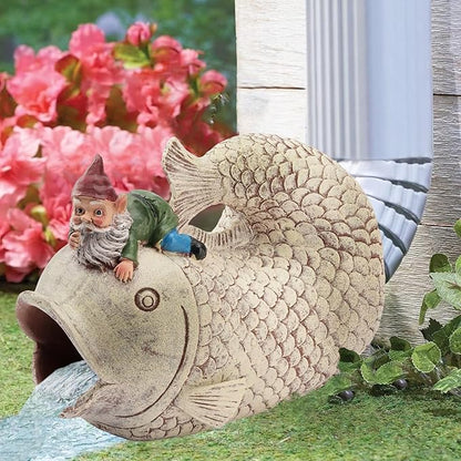 Gnome and Fish Statue Gutter Downspout Extensions, Rain Gutter Downspout Splash Block Extender Cover Garden Yard Sculpture Decorative, 3" × 4" Downspouts