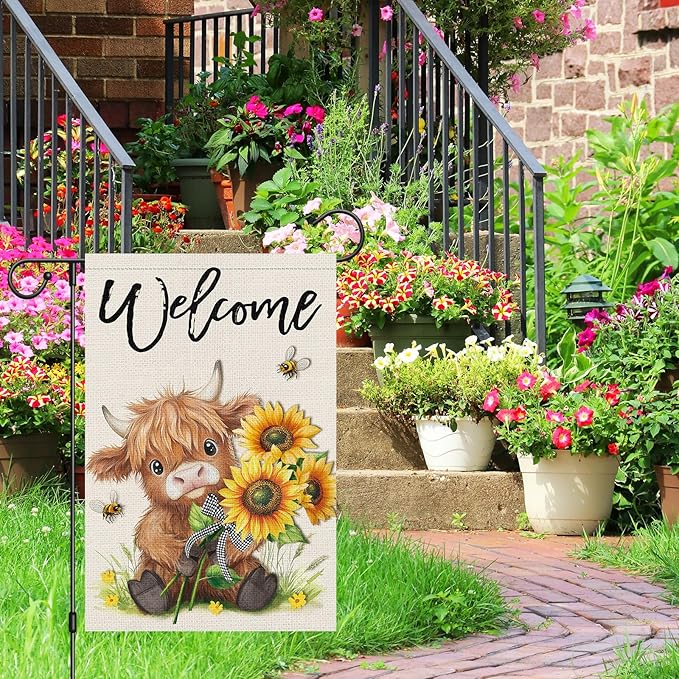 Heyfibro Welcome Summer Highland Cow Garden Flag 12x18 Double Sided Burlap Spring Flower Sunflower Bee Small Yard Banner for Rustic Seasonal Outside Outdoor House Decoration (ONLY FLAG)