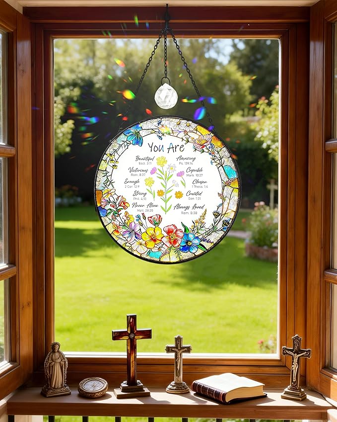 Christian Stained Glass Window Hanging Sun Catcher, Religious Faith for Mom or Grandma, Church Window Decor