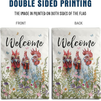 Floral Chicken Garden Flag 28x40 Double Sided Flower Rooster Farmhouse Yard Flag for Outside Welcome Decor