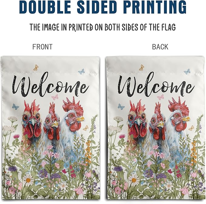 Floral Chicken Garden Flag Spring Summer Yard Flag Flower Rooster Farmhouse Garden Flags for Outside Small Outdoor Welcome Flags 12x18 Double Sided Chicken Coop Decor