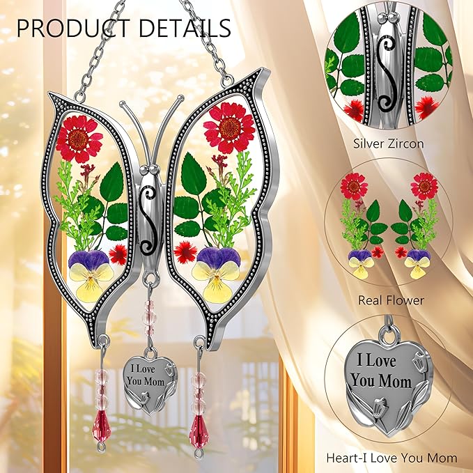 KY&BOSAM Metal Glass Butterfly Suncatcher with I Love You Mom Engraved Tag Real Preserved Dried Flower Window Hanging Ornament Garden Home Wall Decor Mother's Day Birthday Gift for Mom Grandma Nana