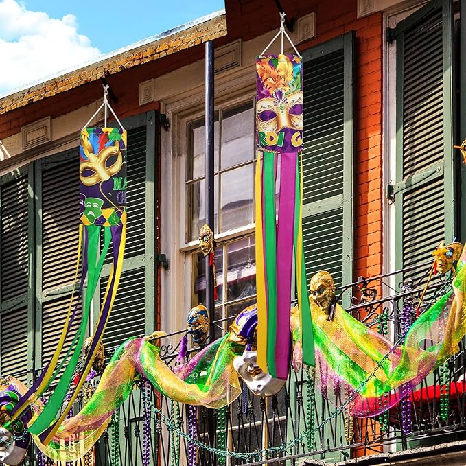 NOVWANG 2 Pieces Mardi Gras Wind Sock, 40 Inch Wind Socks Mardi Gras Outdoor Decorations Purple Green Yellow Holiday Windsock Flags for Yard Garden Home Party Hanging Decor