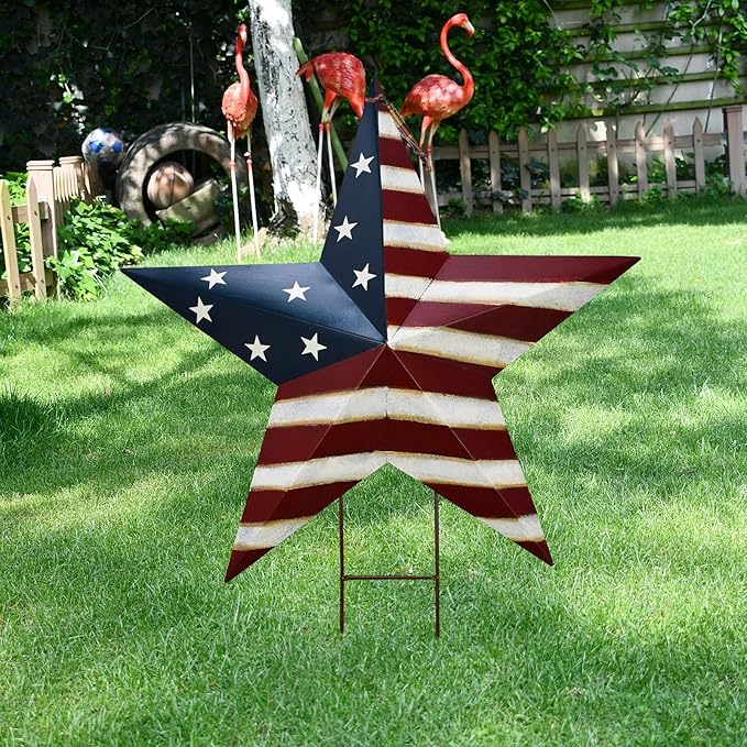 Metal Star Barn Yard Sign Garden Stake Decor for 4th of July, American Flag Patriotic Star Yard Stake Lawn Ornament Independence Day Memorial Day Outdoor Decorations (1, 27.5"H A)