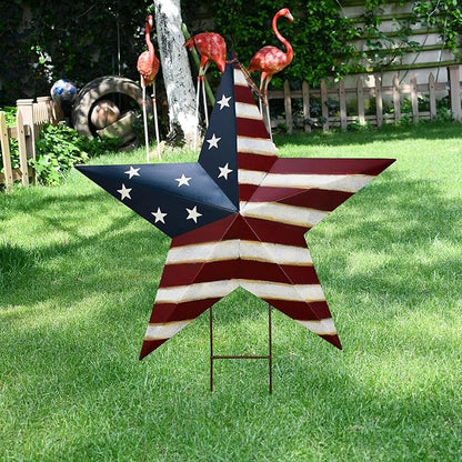 Metal Star Barn Yard Sign Garden Stake Decor for 4th of July, American Flag Patriotic Star Yard Stake Lawn Ornament Independence Day Memorial Day Outdoor Decorations (2, 27.5"H A)