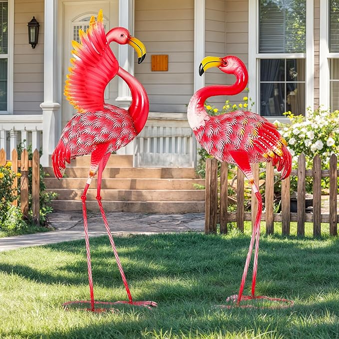 Extra-Large Flamingo Statue, 36.5" Handmade Metal Flamingo Yard Decor with Ground Stakes, Unique Outdoor Lawn Ornaments for Garden Patio, Vintage Pink Sculpture Gift for Housewarming Party