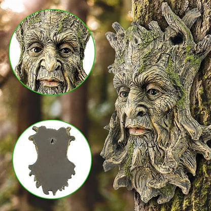 Teaeeno Whimsical Tree Face Garden Decoration, 10.2 in Tree Faces Decor Outdoor Wallmounted Statue Art with Leaf Features, Outdoor Decor Garden Accessory (Nature and Outdoors)