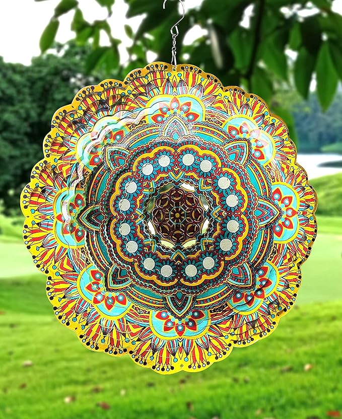 HS's Creation Hanging Wind Spinner 19 Guage 3D Metal 12 Inch for Garden Patio Outdoor Indoor Lawn Decoration Ornaments Gifts with Swivel Hooks Gift Weather Resistant Lucky Flower Gold Wind Spinners