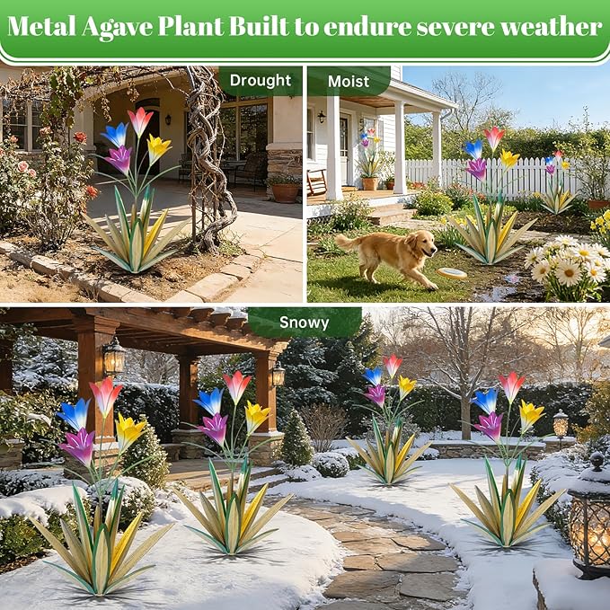 TOMBABY 32.28 Inch Metal Agave Plant Outdoor Decoration Lily Mexican Yard Art Garden Gift Home Decor Hand Painted Metal Agave Garden Yard Statue (2, Grass Green)