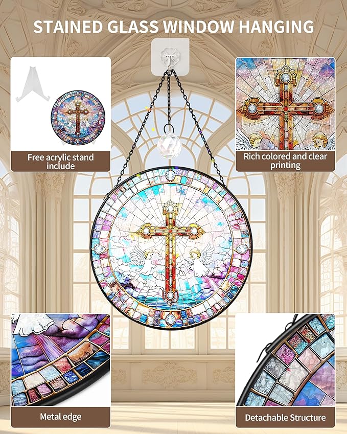 Christian Stained Glass Window Hanging Sun Catcher, Religious Faith for Mom or Grandma, Church Window Decor