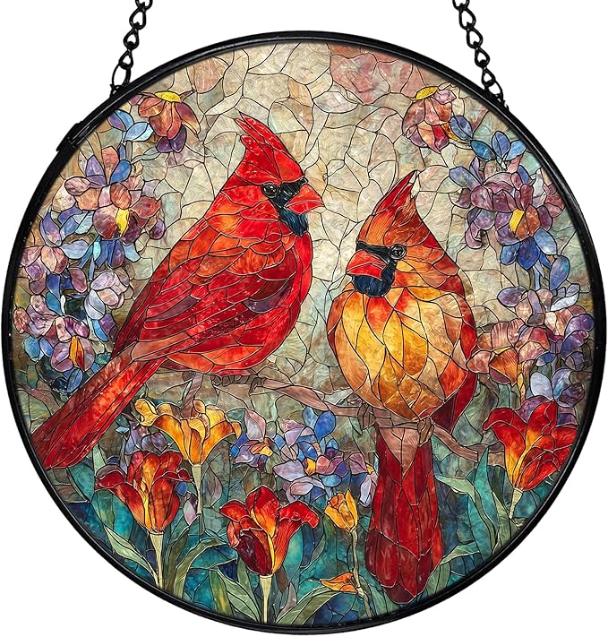 Cardinal Suncatchers Stained Glass Window Hanging, Cardinal Gifts for Women,Red Flower Sun Catchers Indoor Window Glass Round Wall Decor, 7.9x7.9in