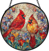 Cardinal Suncatchers Stained Glass Window Hanging, Cardinal Gifts for Women,Red Flower Sun Catchers Indoor Window Glass Round Wall Decor, 7.9x7.9in