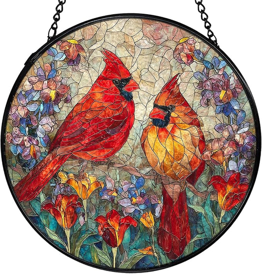 Cardinal Suncatchers Stained Glass Window Hanging, Cardinal Gifts for Women,Red Flower Sun Catchers Indoor Window Glass Round Wall Decor, 7.9x7.9in
