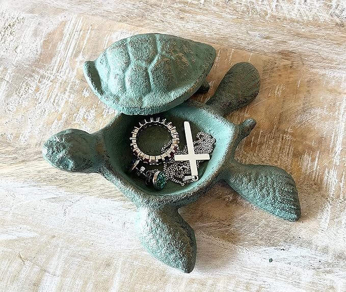 Top Brass Sea Turtle Key Hider Figurine - Cast Iron Garden Statue with Secret Storage Compartment Jewelry Trinket Box - Indoor/Outdoor Ocean Beach Decor