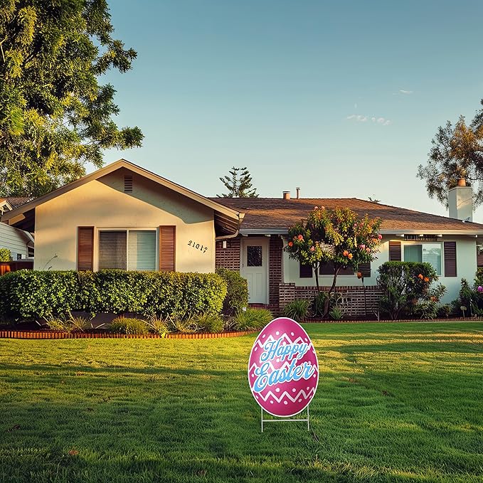 Happy Easter Classic Yard Sign Home Decor Lawn Decoration With Stakes Easter Egg (Pink)