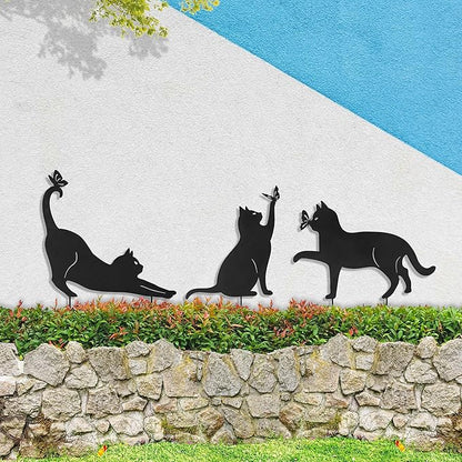 Glitzhome Metal Cat Decorative Garden Stakes, Lifelike Black Silhouette Die-Out Cats Spring Garden Yard Art 2-in-1 Design for Yard Stake or Wall Decor, 3 Packs