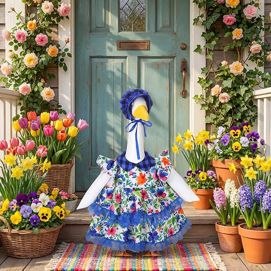 Abbylike 1 Set Spring Porch Goose Outfits Flower Lolita Dress Hat Floral Goose Clothes Costume Fits Large 23'' Cement for Spring Summer Outdoor Garden Yard Patio Lawn Statue Pathway Art Decorations