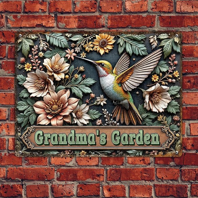 Custom Garden Signs Personalized Metal Tin Sign for Women, Retro Hummingbird Metal Sign for Outdoor, Patio, Yard Rustic Home Decor Gift for Mothers Day, Grandmas, and Gardening Lovers