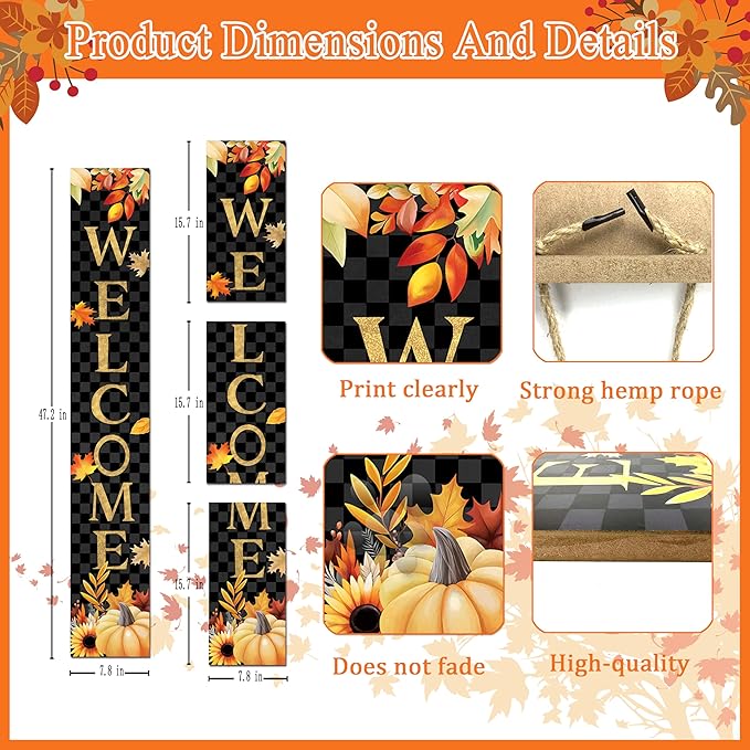 Fall Wooden Porch Sign 47" Autumn Pumpkin Maple Leaf Front Door Welcome Sign Vertical Standing Sign For Garden Home Yard Farmhouse Thanksgiving Decor