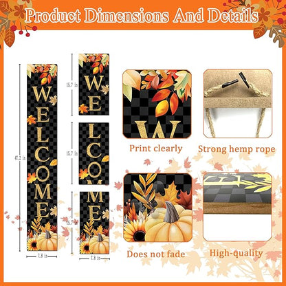 Fall Wooden Porch Sign 47" Autumn Pumpkin Maple Leaf Front Door Welcome Sign Vertical Standing Sign For Garden Home Yard Farmhouse Thanksgiving Decor