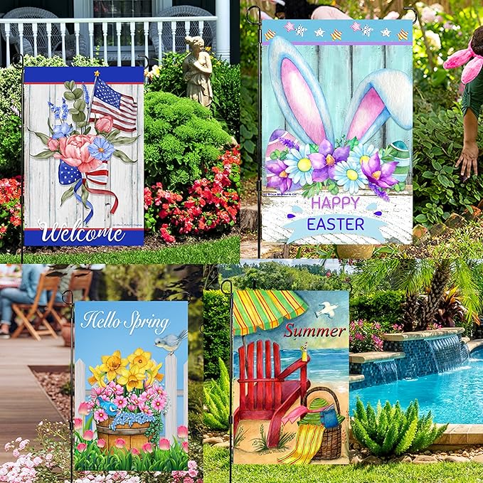 Seasonal Garden Flags Set of 10 12x18 inch Double Sided Yard Flags, Outside Small Garden Flag with Anti-Wind Clip and Stopper, Outdoor Holiday Lawn Decorative Decor