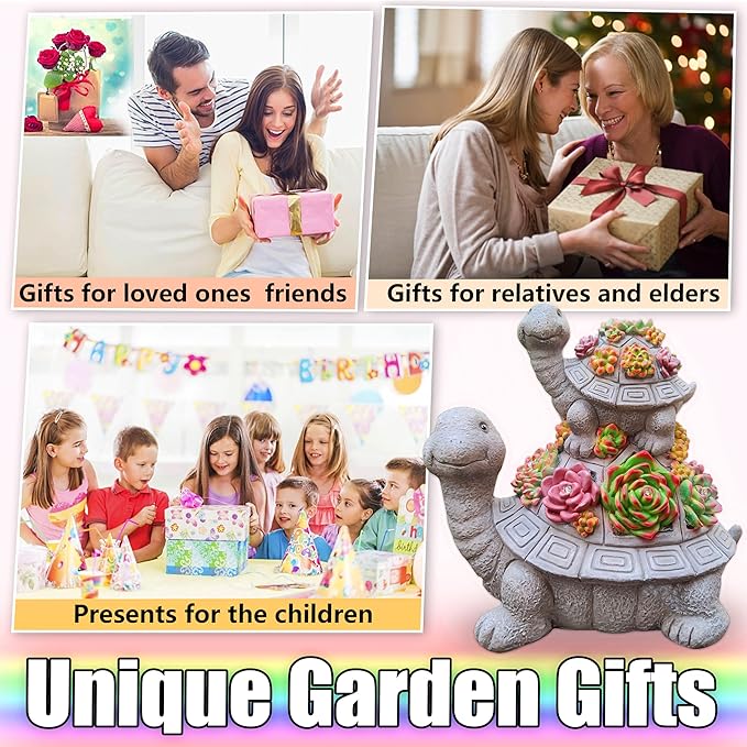 Solar Turtle Garden Outdoor Statues with Succulent and 7 LED Lights, Lawn Decor Tortoise Statue for Patio, Balcony Outdoor Figurines Solar Light， Unique Birthday Gifts for Mom,