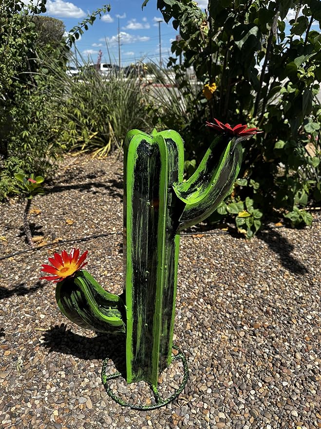Colorful Metal Saguaro Cactus with Flowers - Handmade Garden Decor (Green)