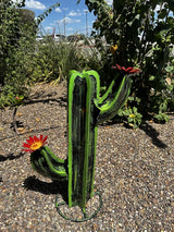 Colorful Metal Saguaro Cactus with Flowers - Handmade Garden Decor (Green)