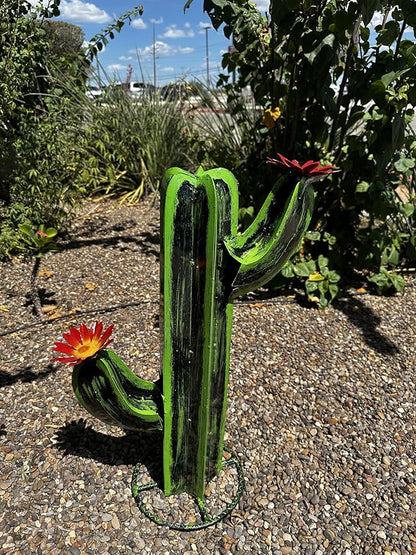 Colorful Metal Saguaro Cactus with Flowers - Handmade Garden Decor (Green)